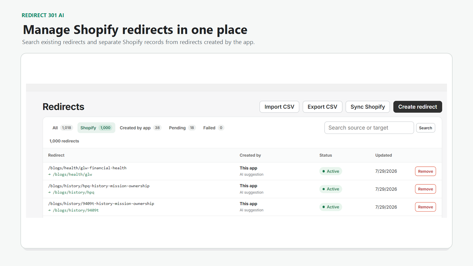 Redirect inventory separating Shopify records from redirects created by the app